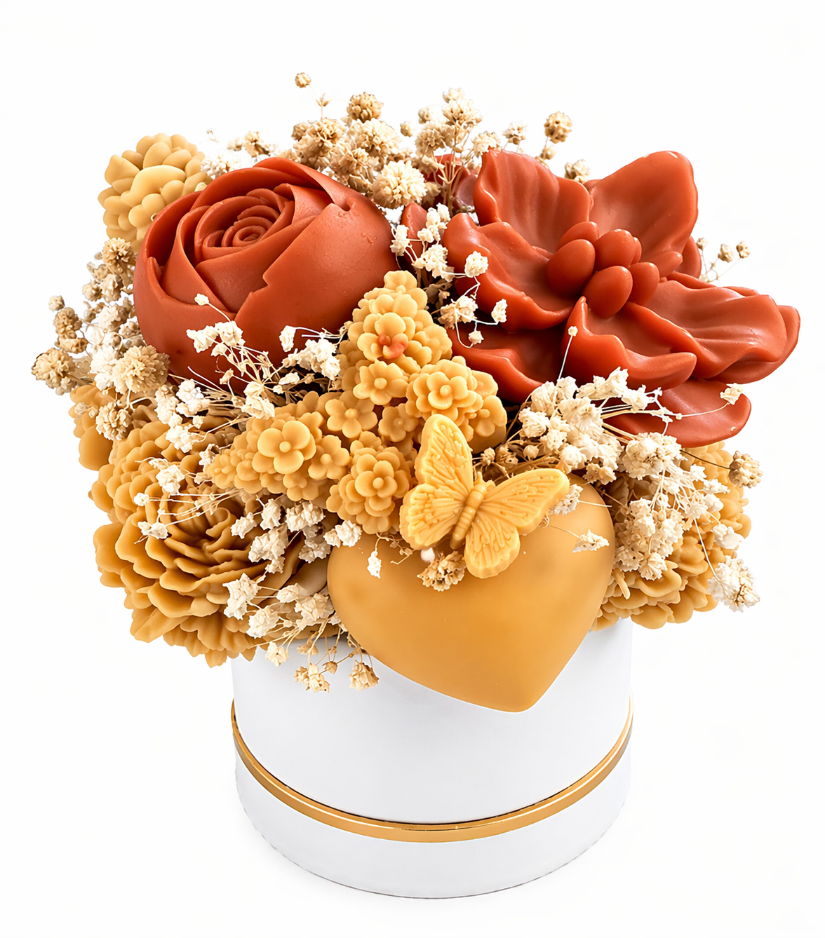 Bouquet of flowers with a heart-shaped container on a white background
