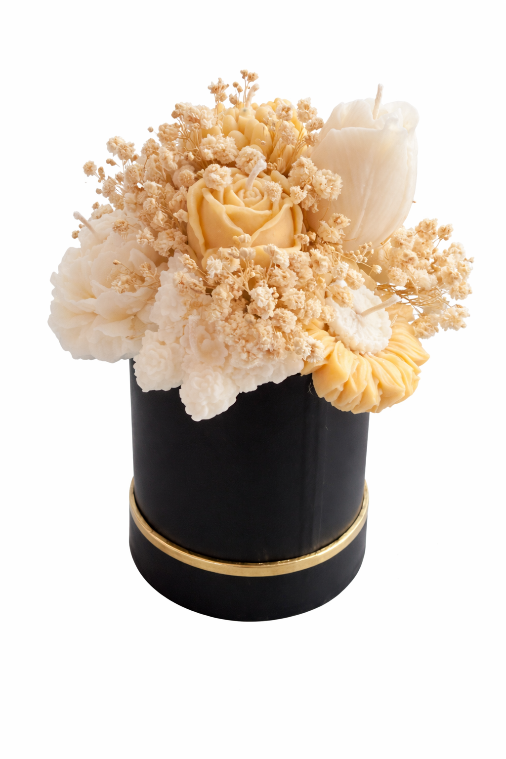 Decorative flower arrangement in a black box with gold accent on a white background