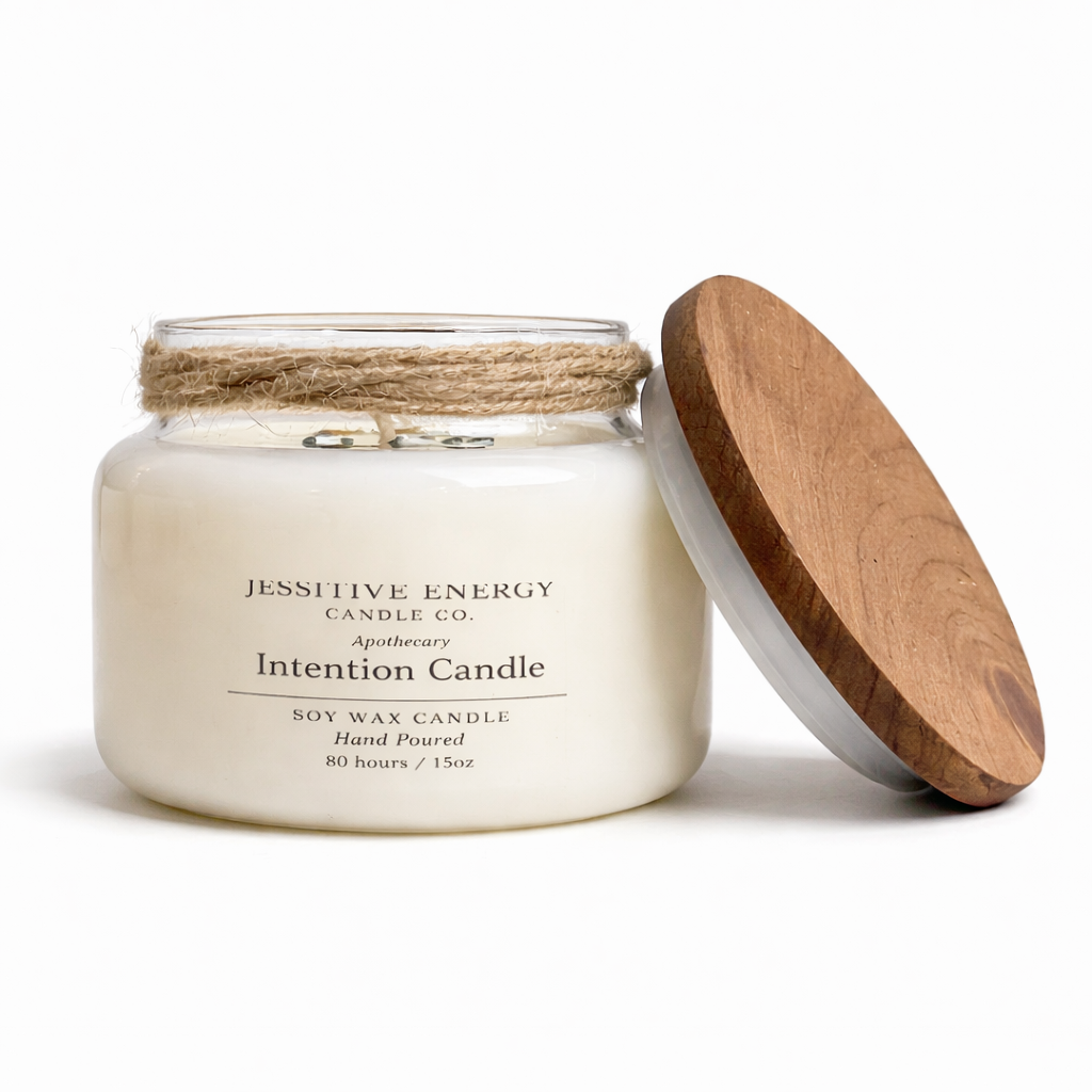 Candle jar with wooden lid on a white background