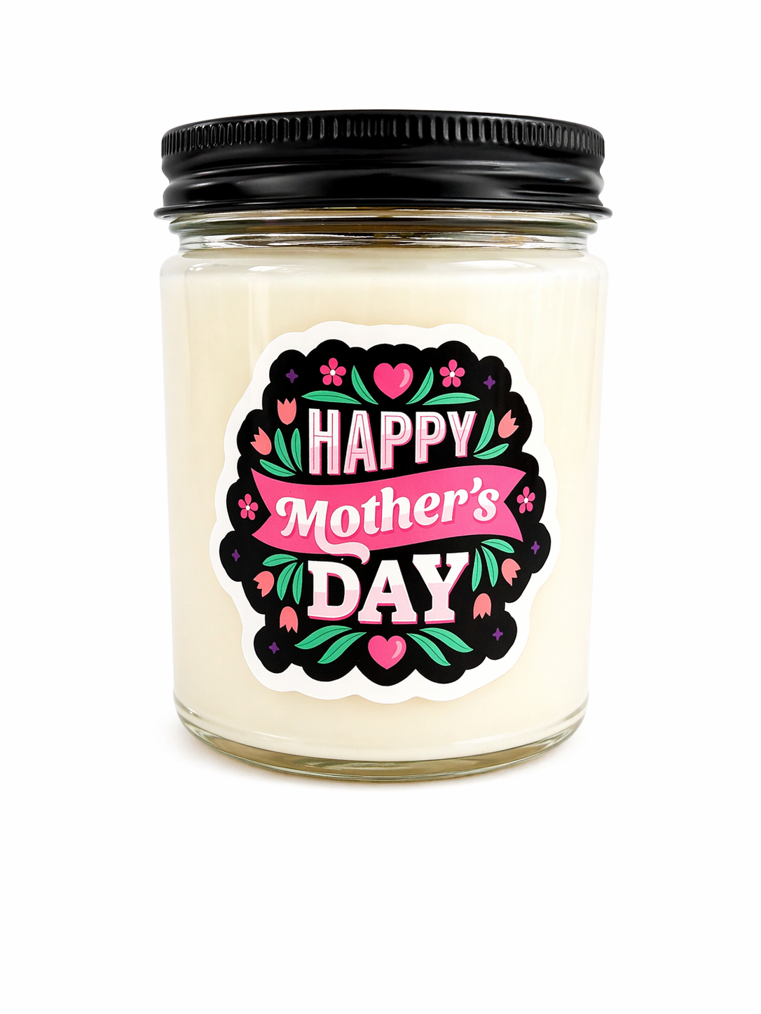 9 oz soy candle in clear glass jar with black lid and Mother’s Day label, scented in sea salt orchid.