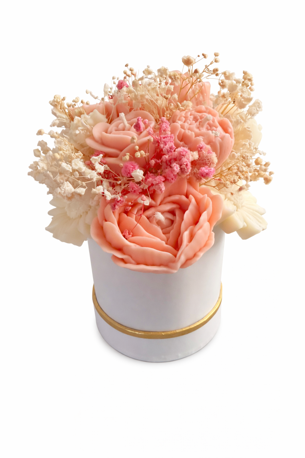 Blush pink and ivory floral candle bouquet in a 4x4 white base with gold trim, featuring detailed wax flowers and gardenia tuberose fragrance.