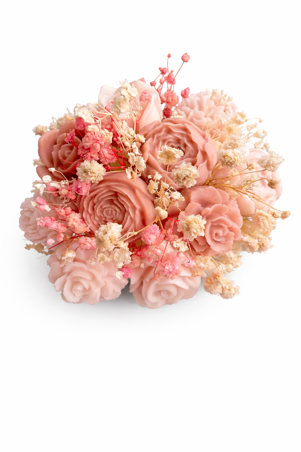 Bouquet of pink and beige flowers on a white background