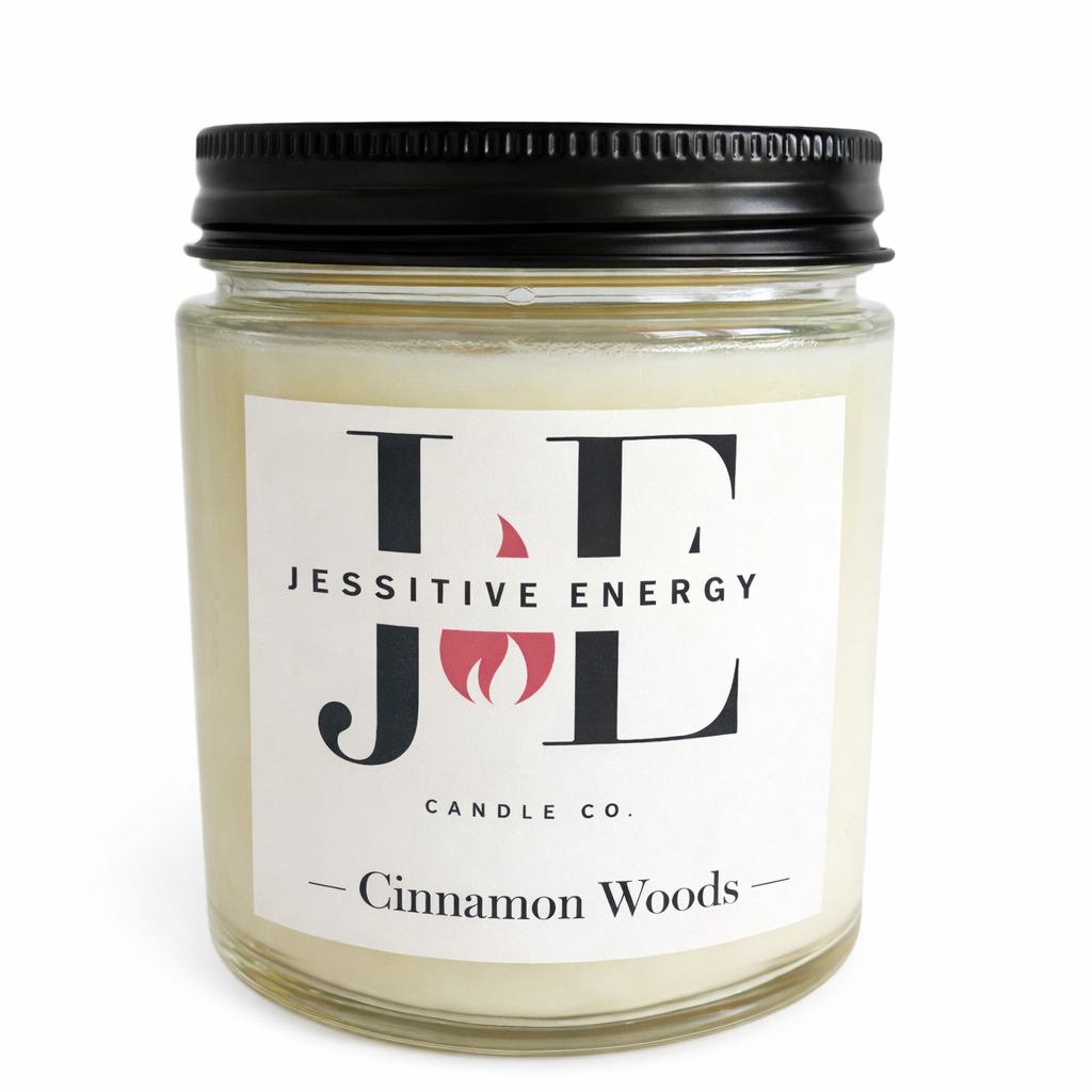 Candle jar with a label on a white background