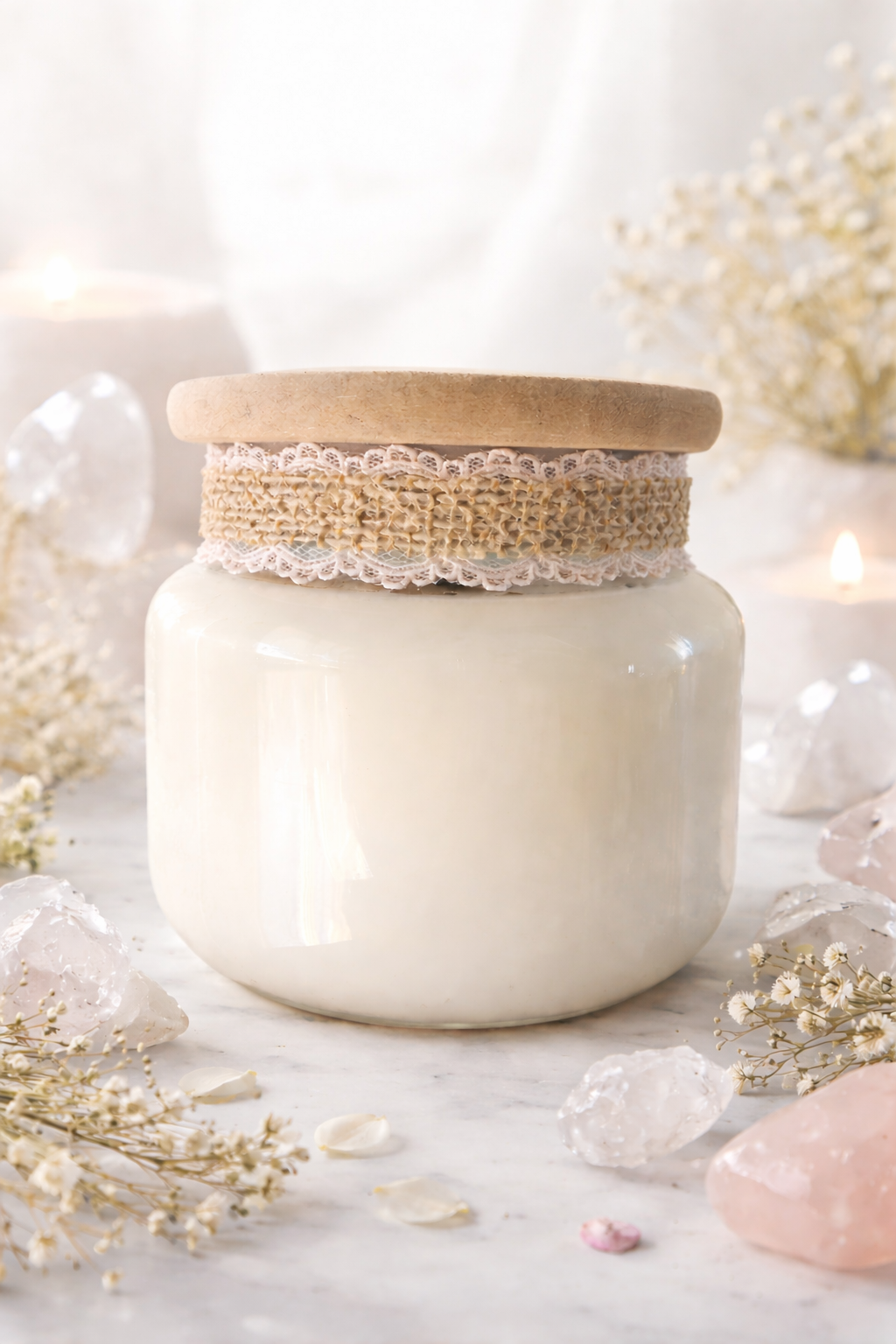Intention Candle in a rustic jar with wooden lid and lace trim surrounded by crystals and dried flowers