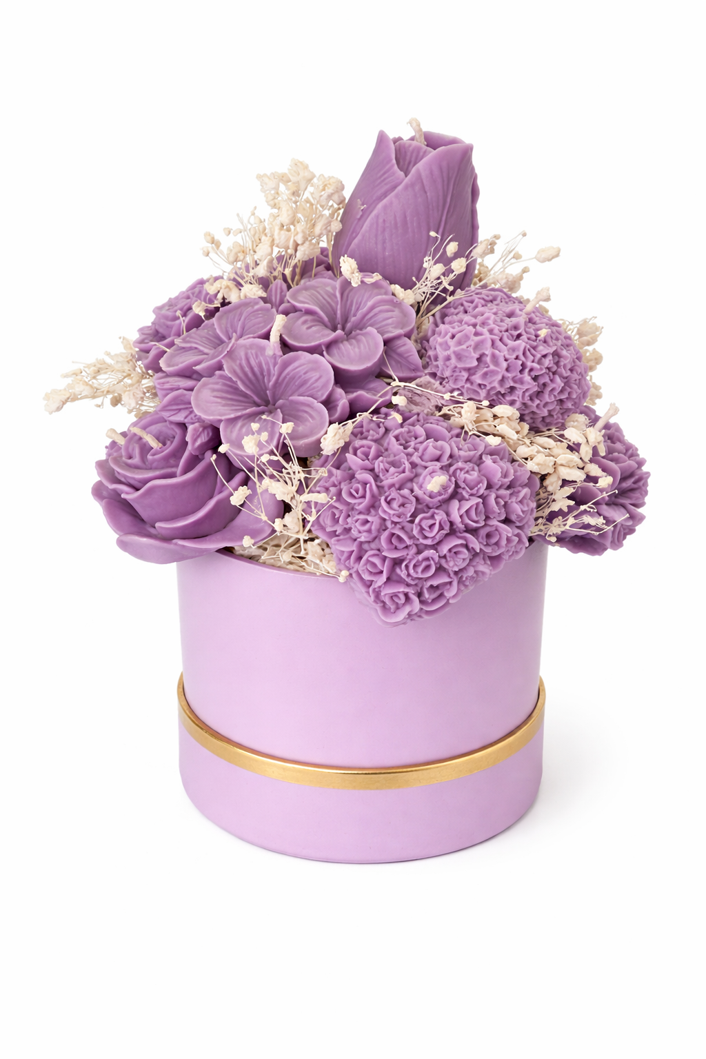 Purple floral arrangement in a matching purple box with gold accents on a white background