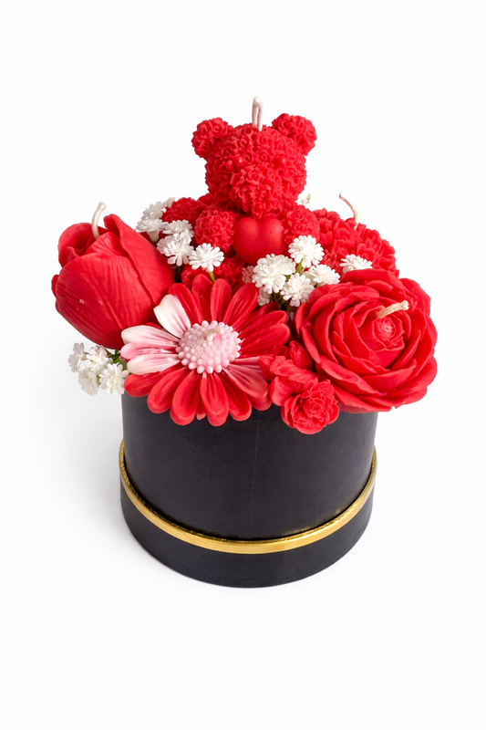 Candle Bouquet (Wick) featuring handcrafted red floral and teddy bear soy wax candles in a black round box arrangement
