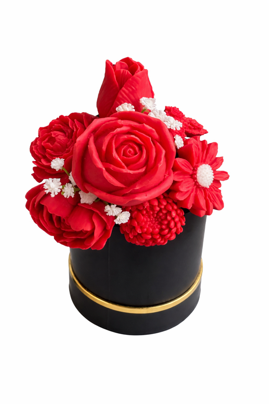 Candle Melt Bouquet (No Wick) featuring handcrafted red soy wax floral arrangement in elegant black round box with gold trim