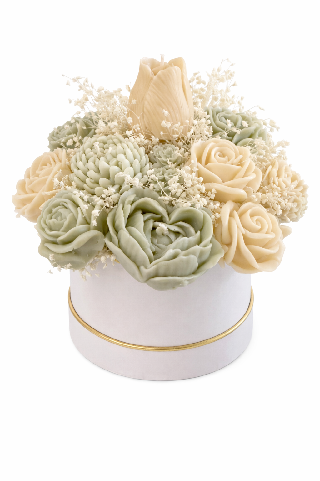 Handcrafted sage green and ivory floral candle bouquet with twelve flower-shaped candles arranged in a white round box on a 4x4 base.