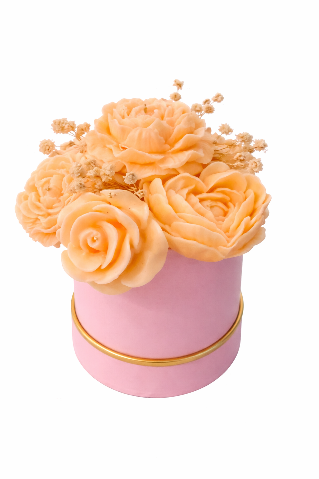 Candle Melt Bouquet (No Wick) $10 Off – Minor Imperfections featuring handcrafted peach floral candles in a pink round box arrangement