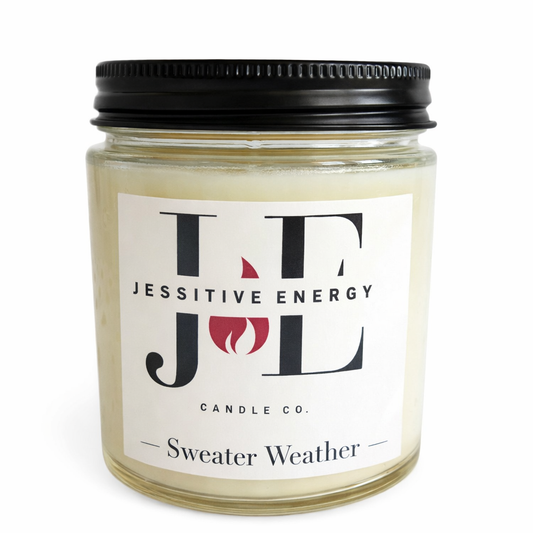 Candle jar with a label on a white background