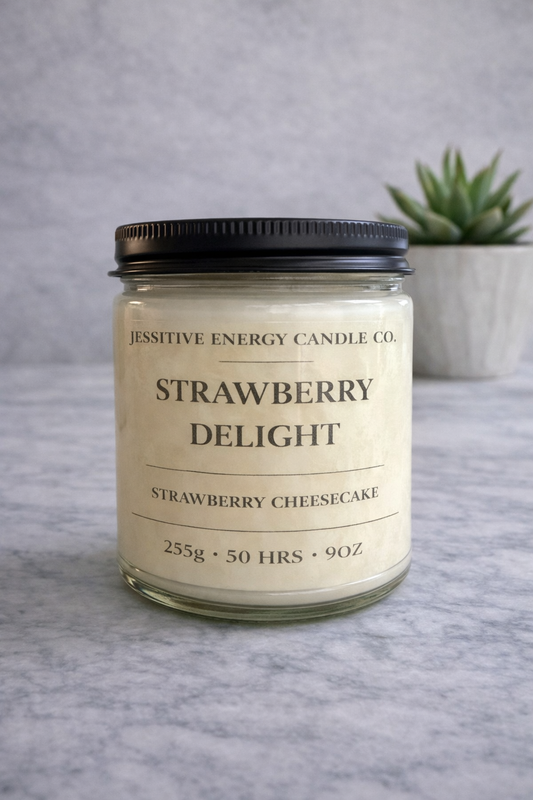 Jar of 'Strawberry Delight' candle from Jessitive Energy Candle Co. on a gray surface with a plant in the background.