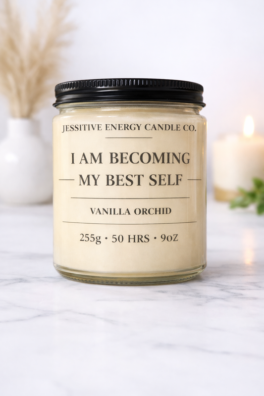 Candle jar with motivational text on a marble surface