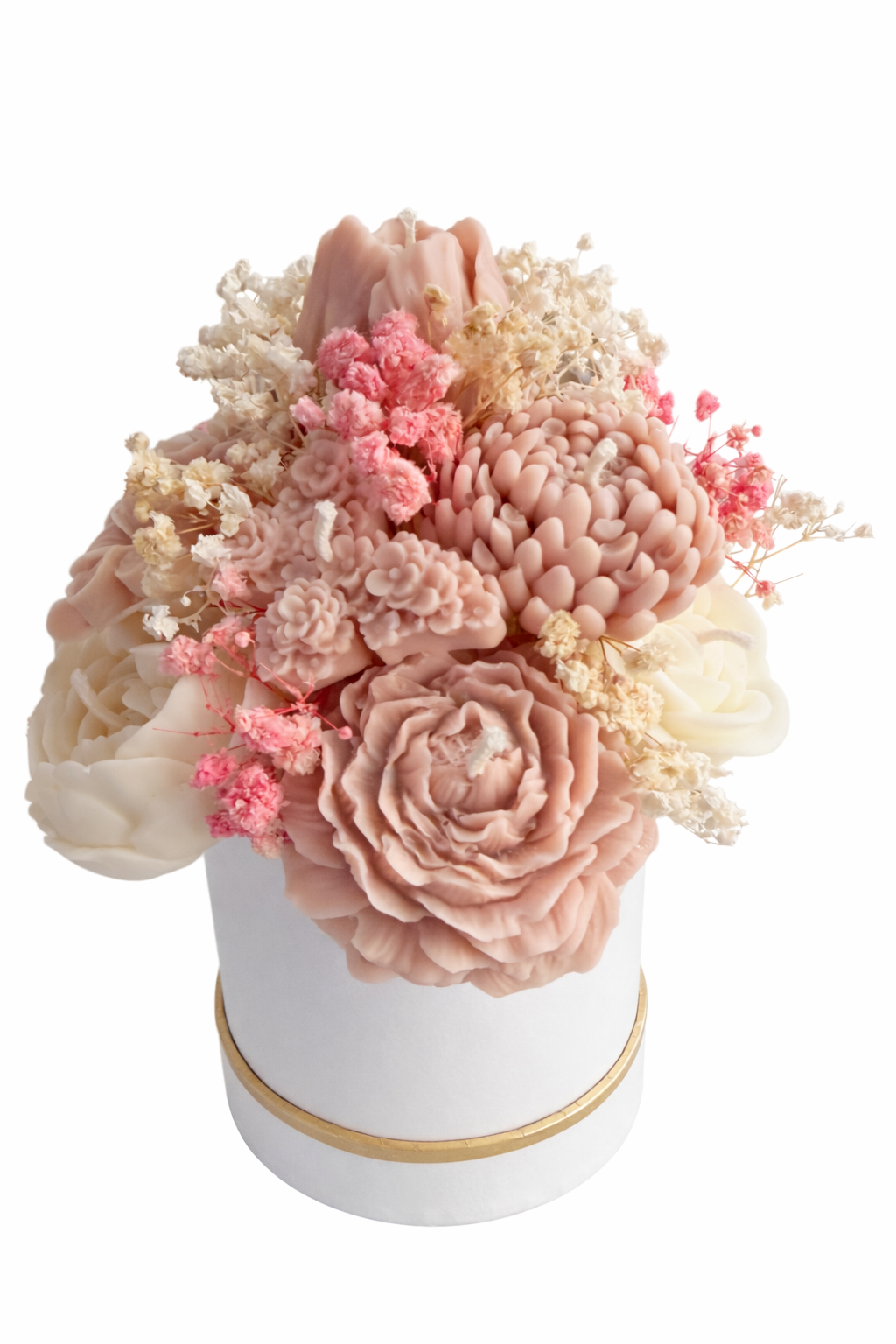 Luxury floral candle bouquet with pink and cream wax flowers and dried accents in a white and gold container.