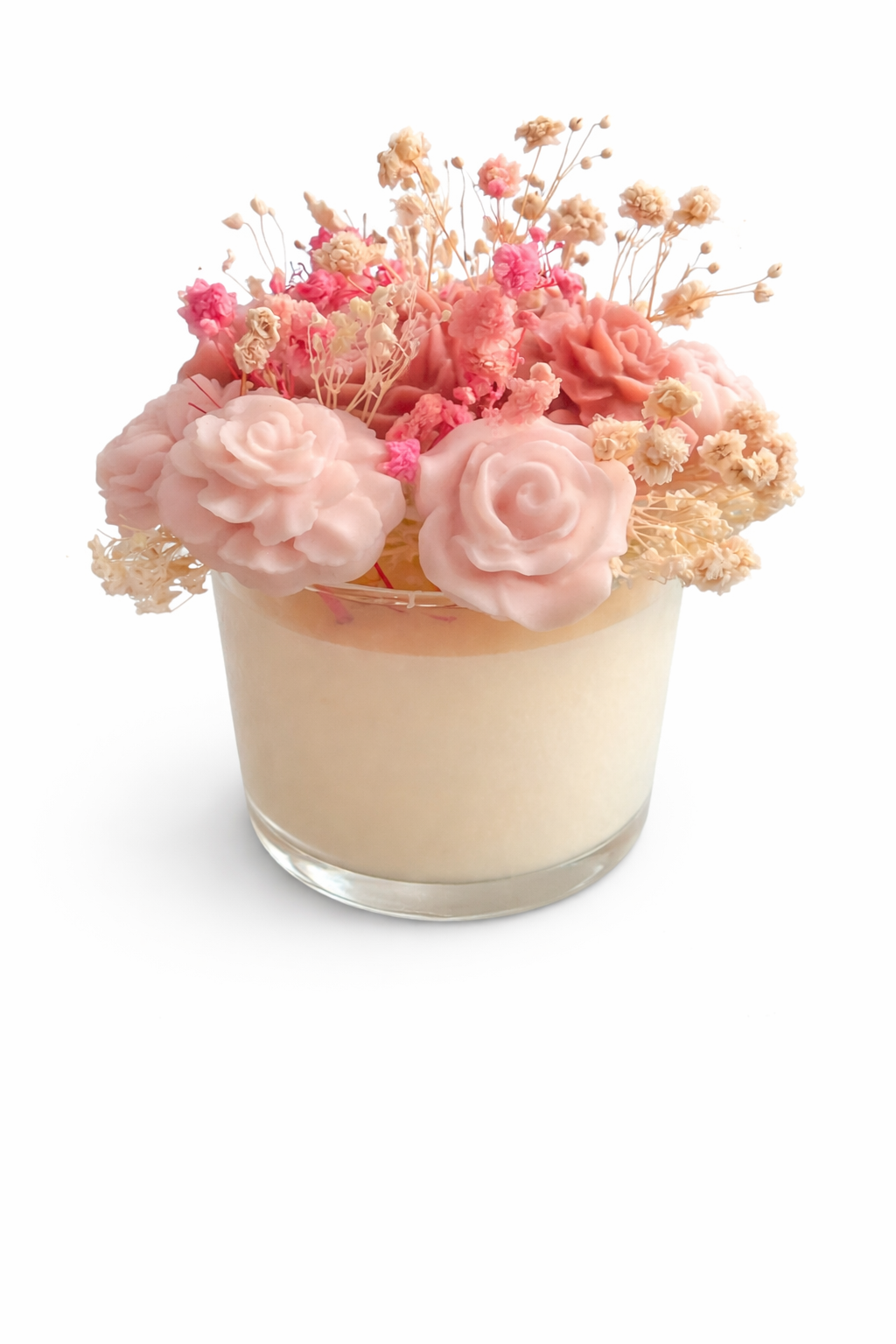 Blush pink floral candle bouquet in a 7oz glass jar with removable wax flower melts and gardenia tuberose base candle.