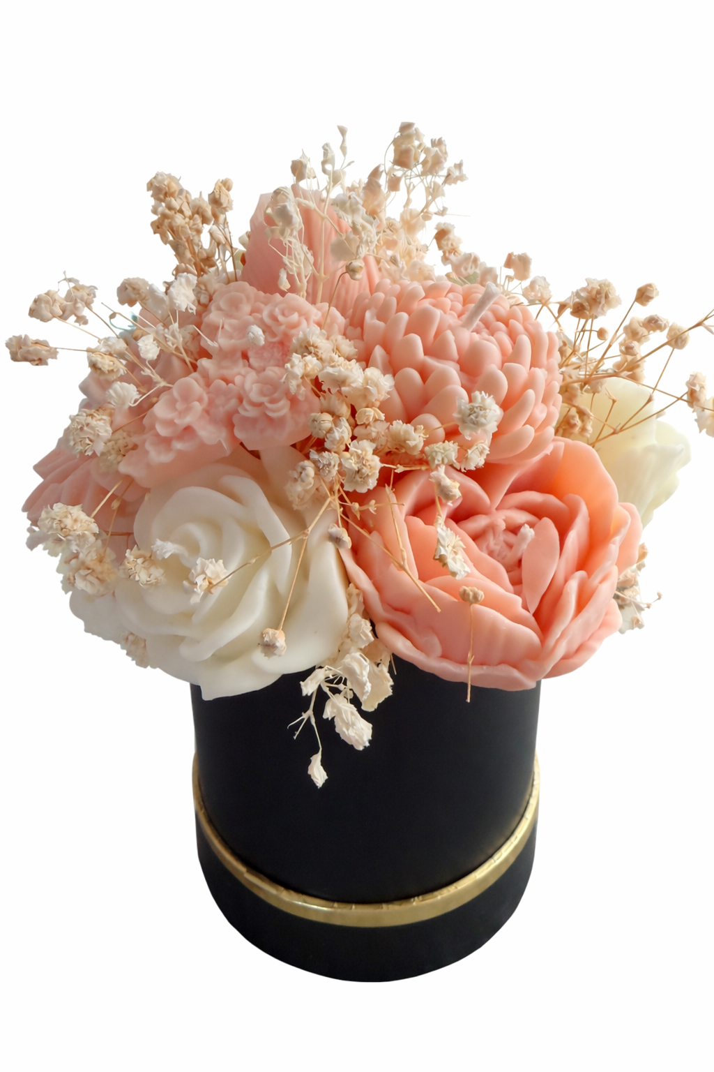 White floral candle bouquet in a 4x4 base with gardenia tuberose fragrance, featuring soft ivory wax flowers arranged in a decorative compact design.