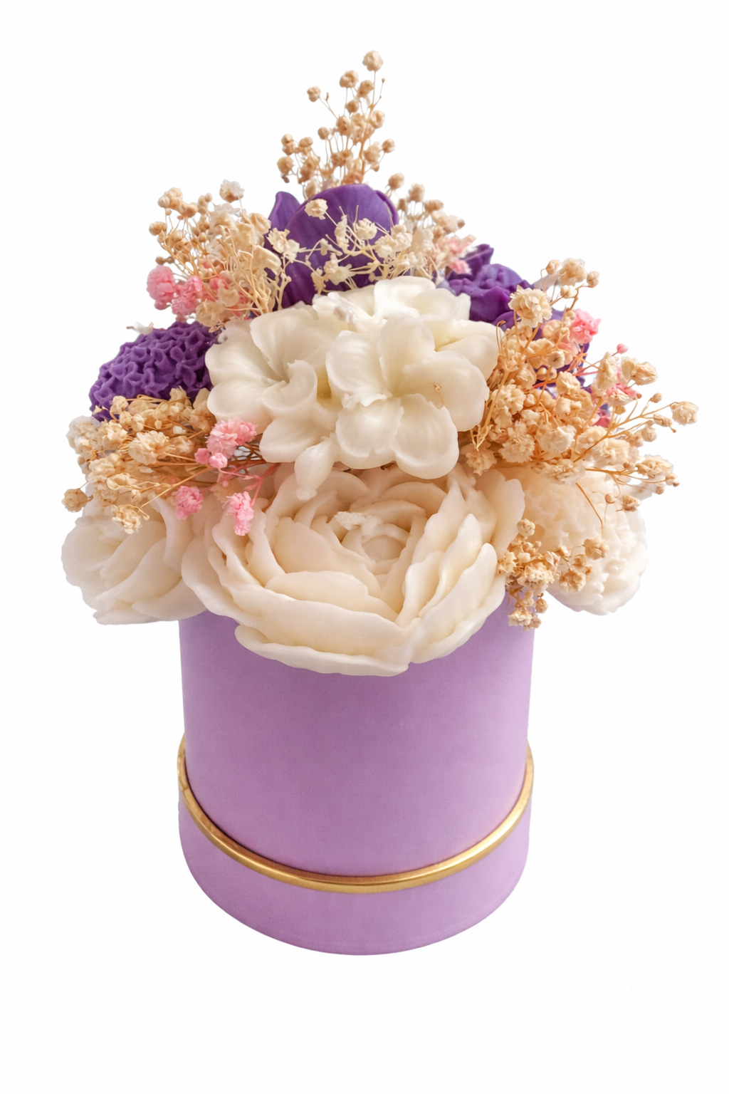 Floral arrangement in a purple box with gold accent on a white background