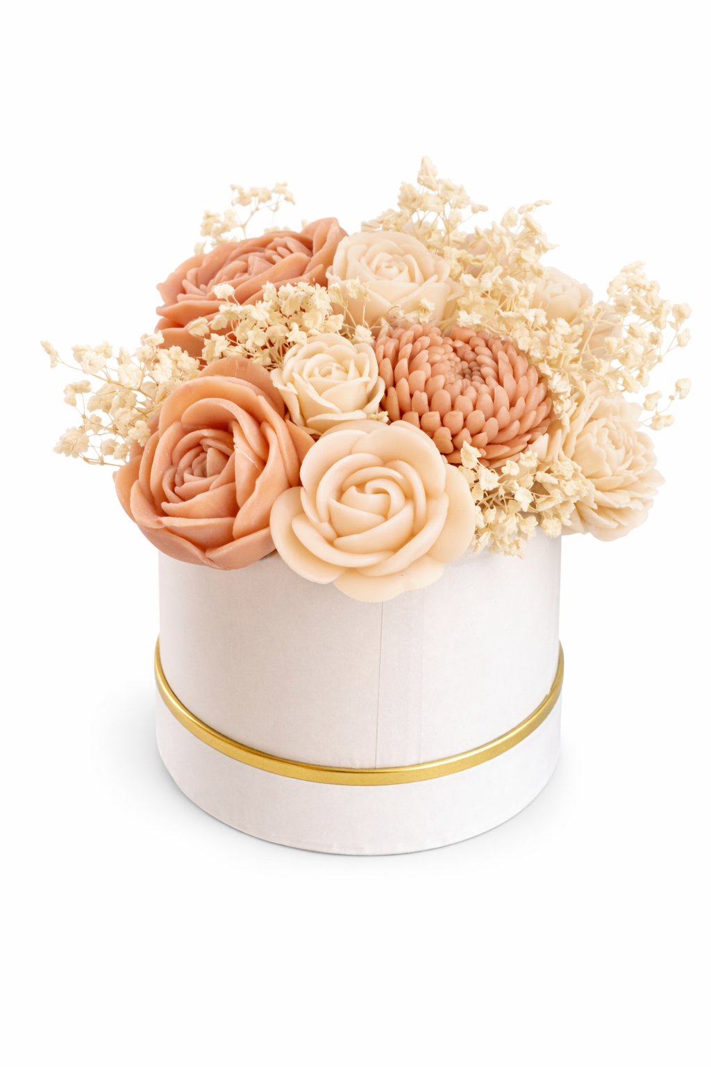 Peach and ivory Lily of the Valley wax melt bouquet with handcrafted candle flowers arranged in a white round box with gold band.