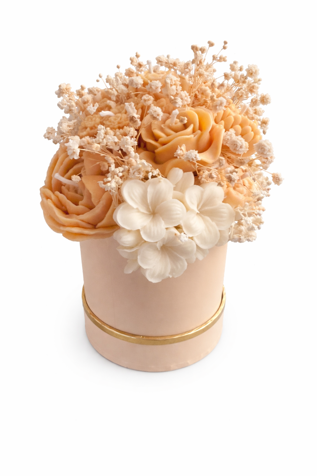 Peach and ivory floral candle bouquet with 12 wax flowers in a 4x4 base, featuring detailed rose-shaped candles and gardenia tuberose fragrance.