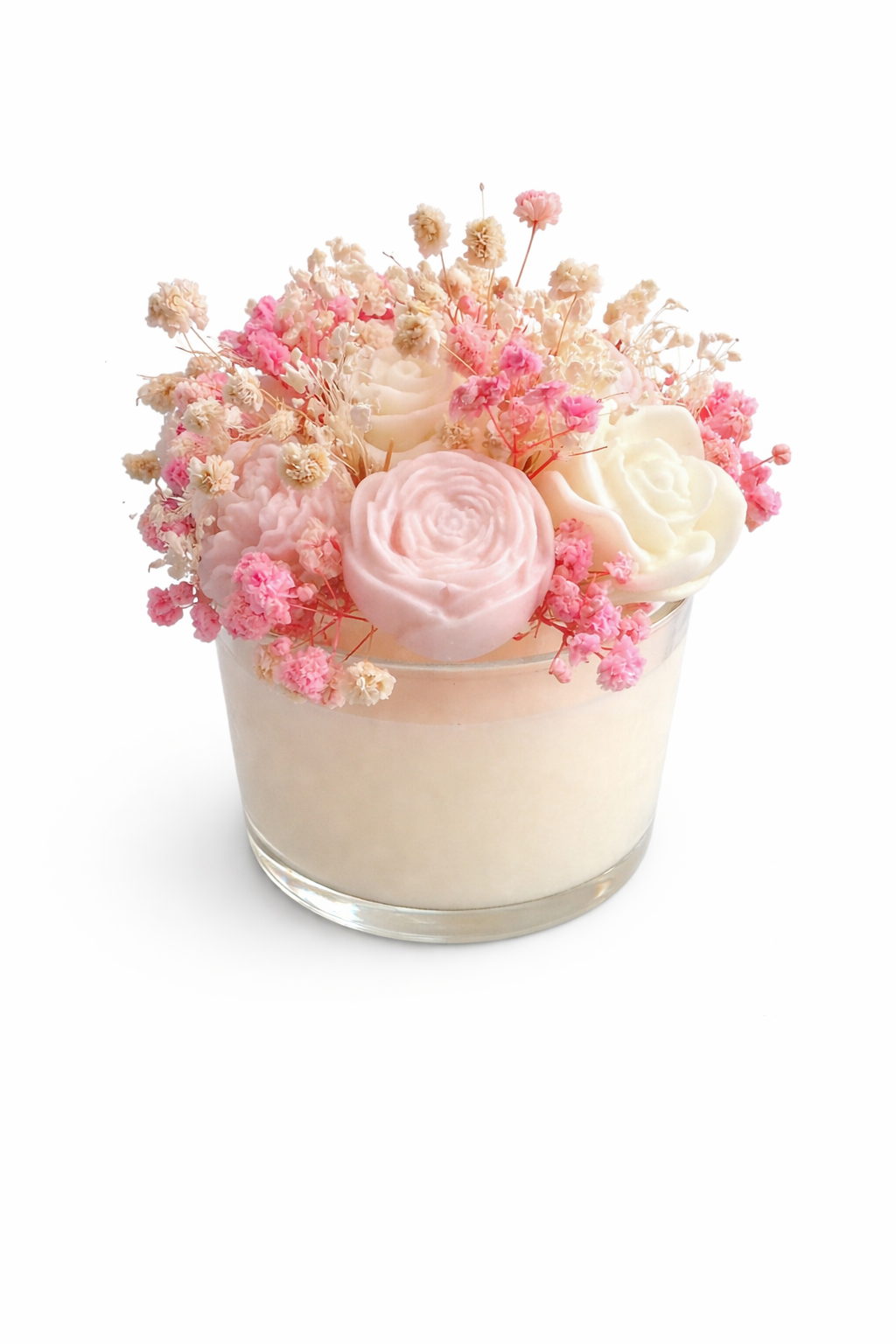 Glass vase with pink and white flowers on a white background